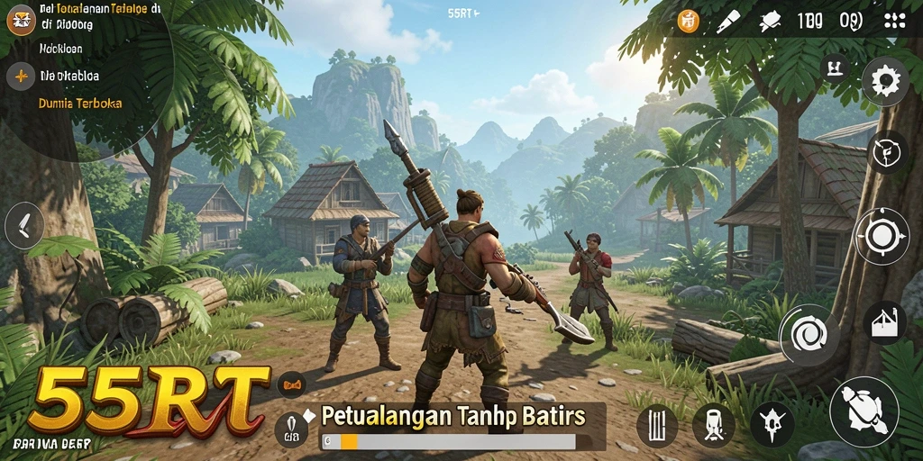 Screenshot menunjukkan dunia terbuka yang luas dan interaktif dari 55RT.