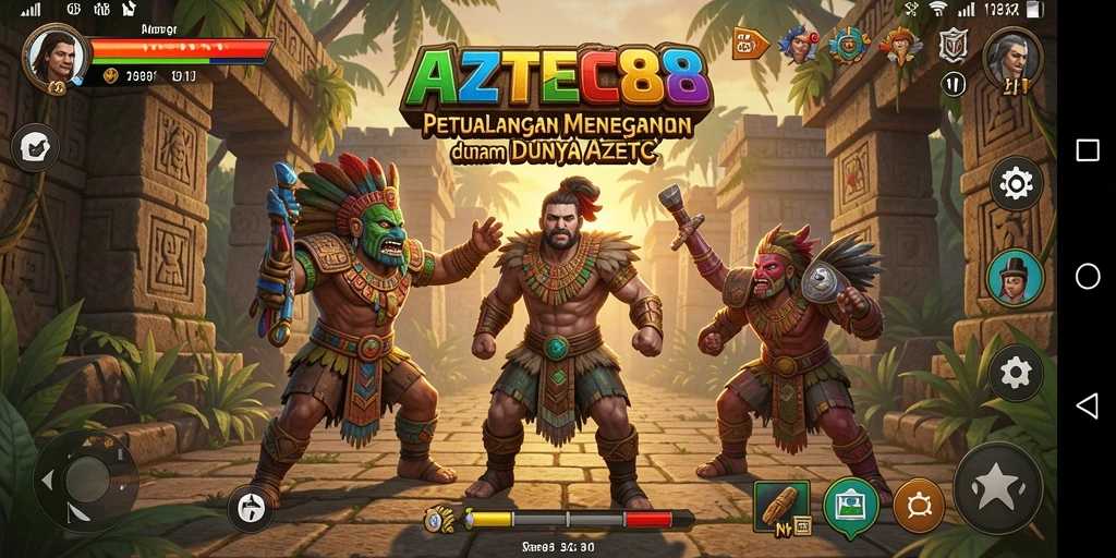 Tangkapan layar menunjukkan gameplay mendebarkan AZTEC88 di lingkungan kuno Aztec.