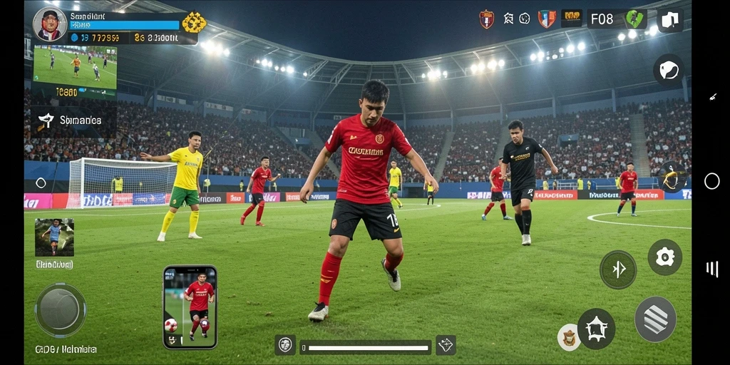 Tampilan gameplay F08 saat pertandingan sepak bola berlangsung.