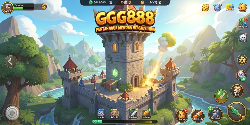 Screenshot GGG888 menampilkan aksi seru dan menara pertahanan yang kuat.