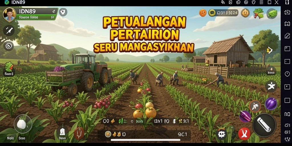 Tangkapan layar menunjukkan pemain mengelola lahan pertanian dengan berbagai tanaman.