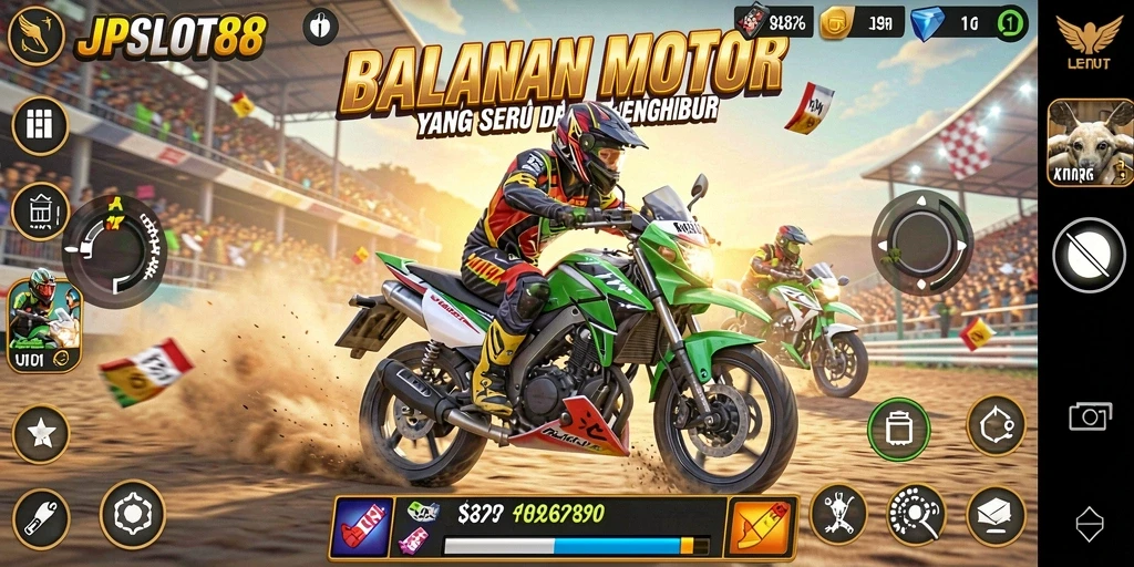 Tampilan gameplay seru JPSLOT88 dengan balapan motor yang menegangkan.