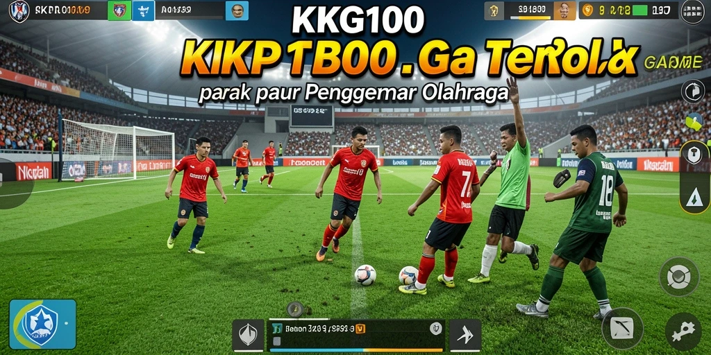 Screenshot utama KPK100 menampilkan aksi sepak bola yang epik dalam permainan.